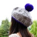 POMPOM beret tam hand knit grey and royal blue wool chunky slouchy hat