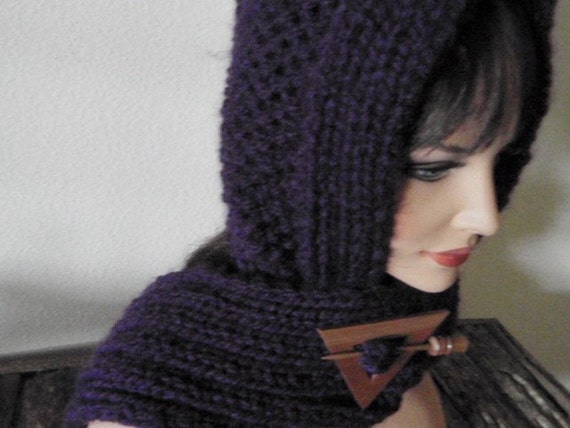 Plum hooded  Hooded scarf  Pin Scarf Shawl Wooden with Collection measurements