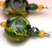 Lampwork Earring Dangle Drop Charm Pendant in Green and Yellow Swirls with Crystals- 2 Pieces