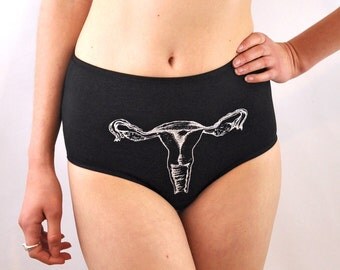 Black panties with white screen printed uterus underwear