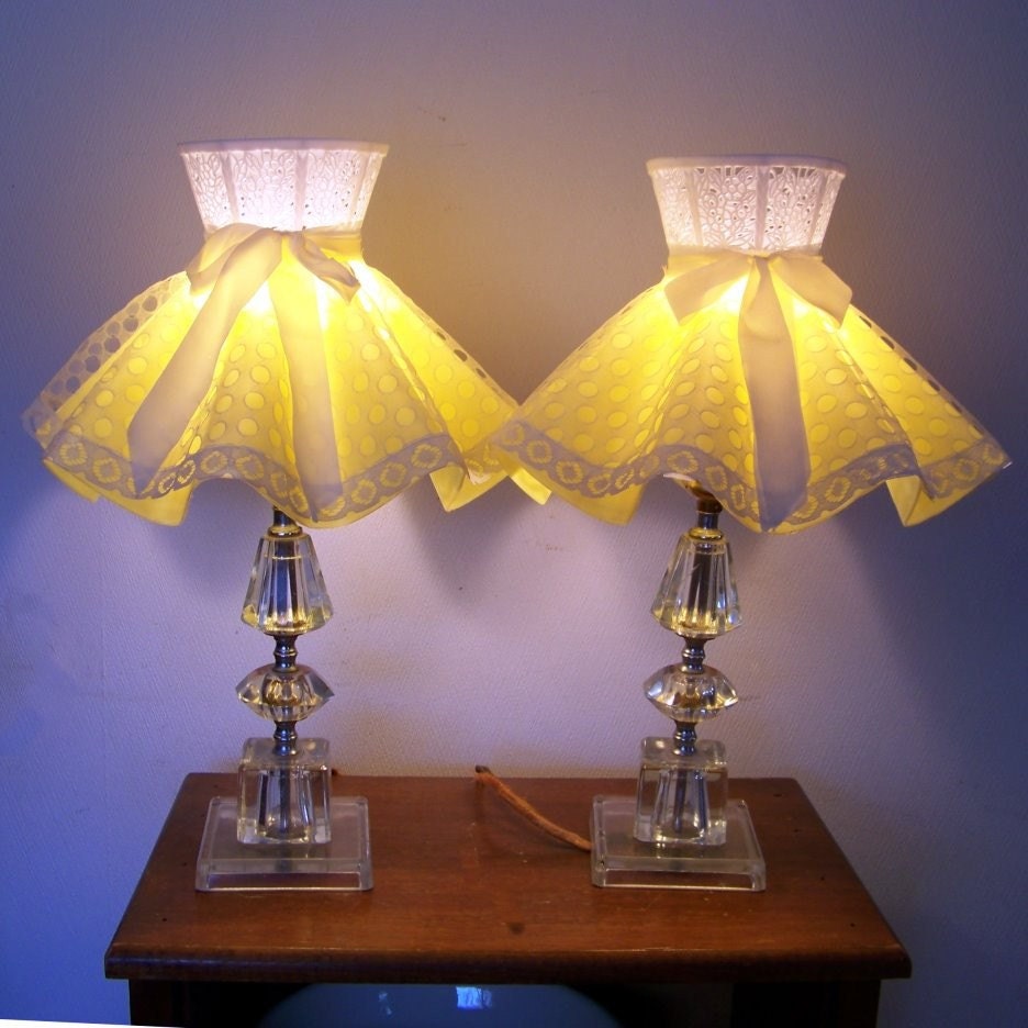 50s pair glass table lamps yellow lace shades girls bedroom