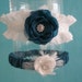 Dark Teal and Ivory Feather Rose Wedding Garter Set C151 - bridal garter accessory