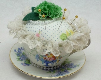 vintage blue dainty flower teacup pincushion,hand painted flower teacup pincushion,teacup pincushion,floral teacup pincushion,green flower