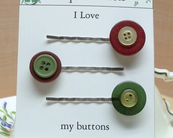 Vintage green burgundy yellow button bobby pin/hair pin,green/burgundy/yellow hair pins/bobby pin,hair pins,bobby pins,burgundy bobby pins
