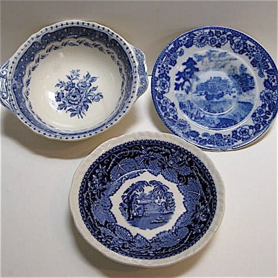 3 Vintage Blue and White Bowls