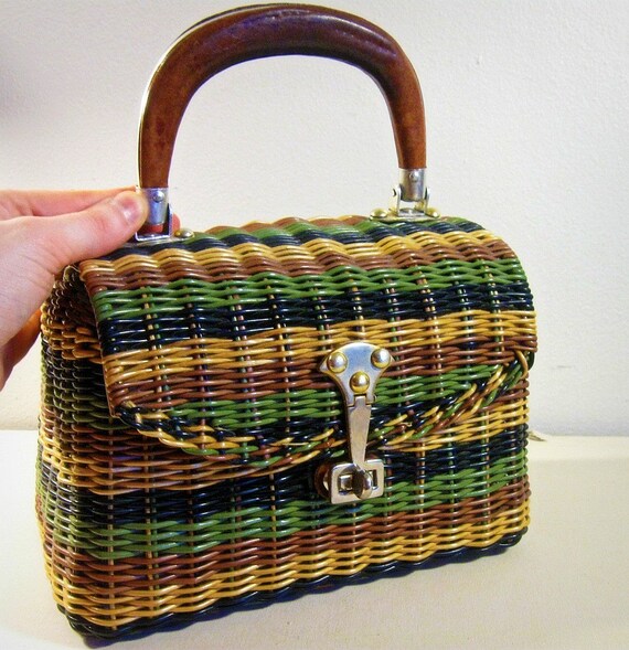 vintage handbag woven box purse green navy GAYMODE 1960s