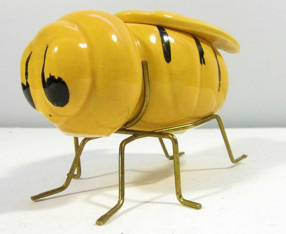 vintage honey dish BUMBLE BEE ceramic brass leg stand