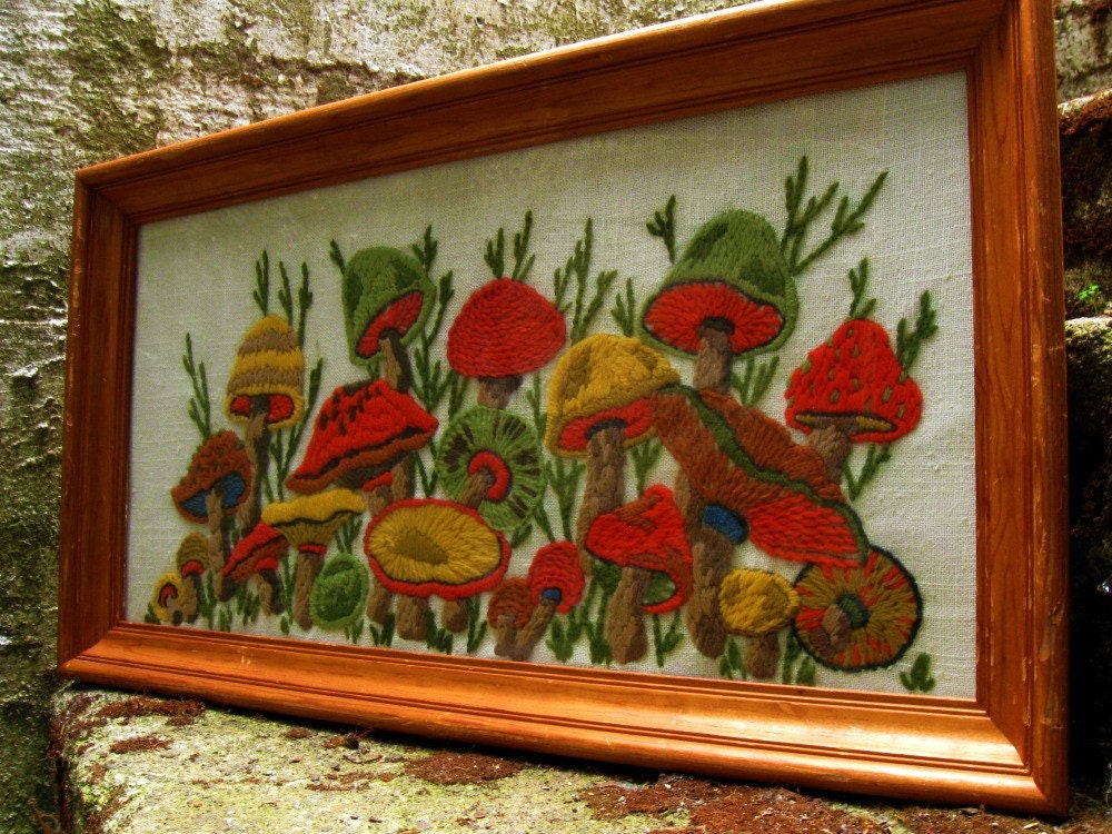vintage 70s MUSHROOMS framed crewel wall decor by ninedoorsvintage