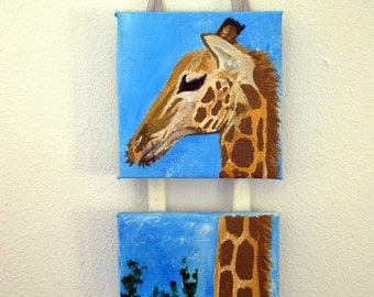 Giraffe mini canvas painting in acrylic with ribbon-perfect for a nusery x