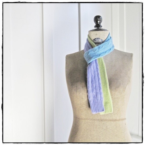 recycled CASHMERE skinny scarf purple teal lime cable and