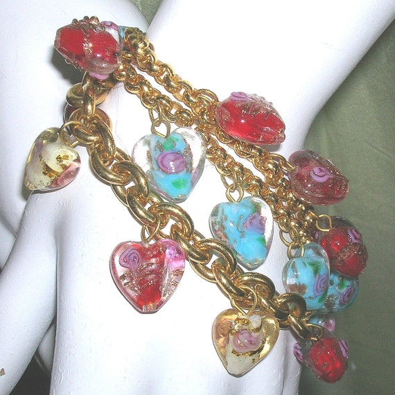 Items similar to Indie Lampwork Valentine Heart Charm Bracelet Blue