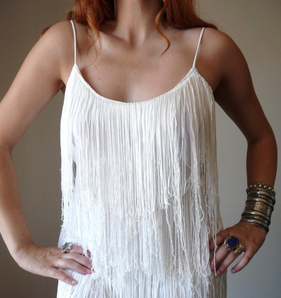 Vintage 70s White Layered Fringe Cocktail Dress M L