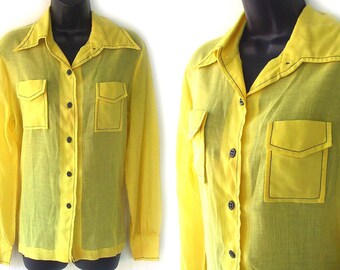 70s Yellow with Blue Topstitching Sheer Blouse M L