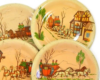40s Tin Toy tea plates, HORSE & Carriage litho set of 4 different.
