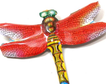 Tin toy DRAGONFLY brooch, RED & gold lithographed metal insect jewelry made in Japan.