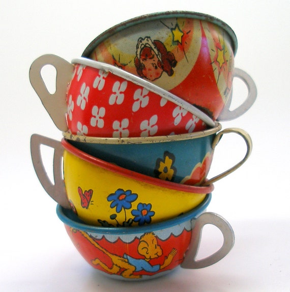 Toy Tea cups Set of 5 vintage tin in primary colors Instant