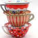 Toy Tea Cups & Saucers, Set of 6 vintage tin in red, white and blue, Instant Collection.