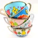 40s Tin Toy Tea cups, Set of 5 with fruit & flowers litho, Instant Collection.