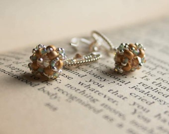 Sea foam, Gold and Silver hand beaded earrings