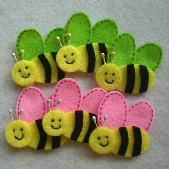 Handmade Bee Felt Applique Light Yellow Body with Neon Green
