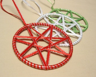 Faerie Ribbon Stars - Set of 3 Red White and Green Yule or Christmas Ornaments