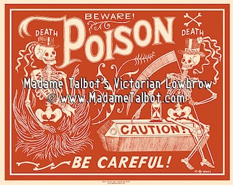 Red Poison Label Skeleton Beware Poster Madame Talbot's Victorian Lowbrow