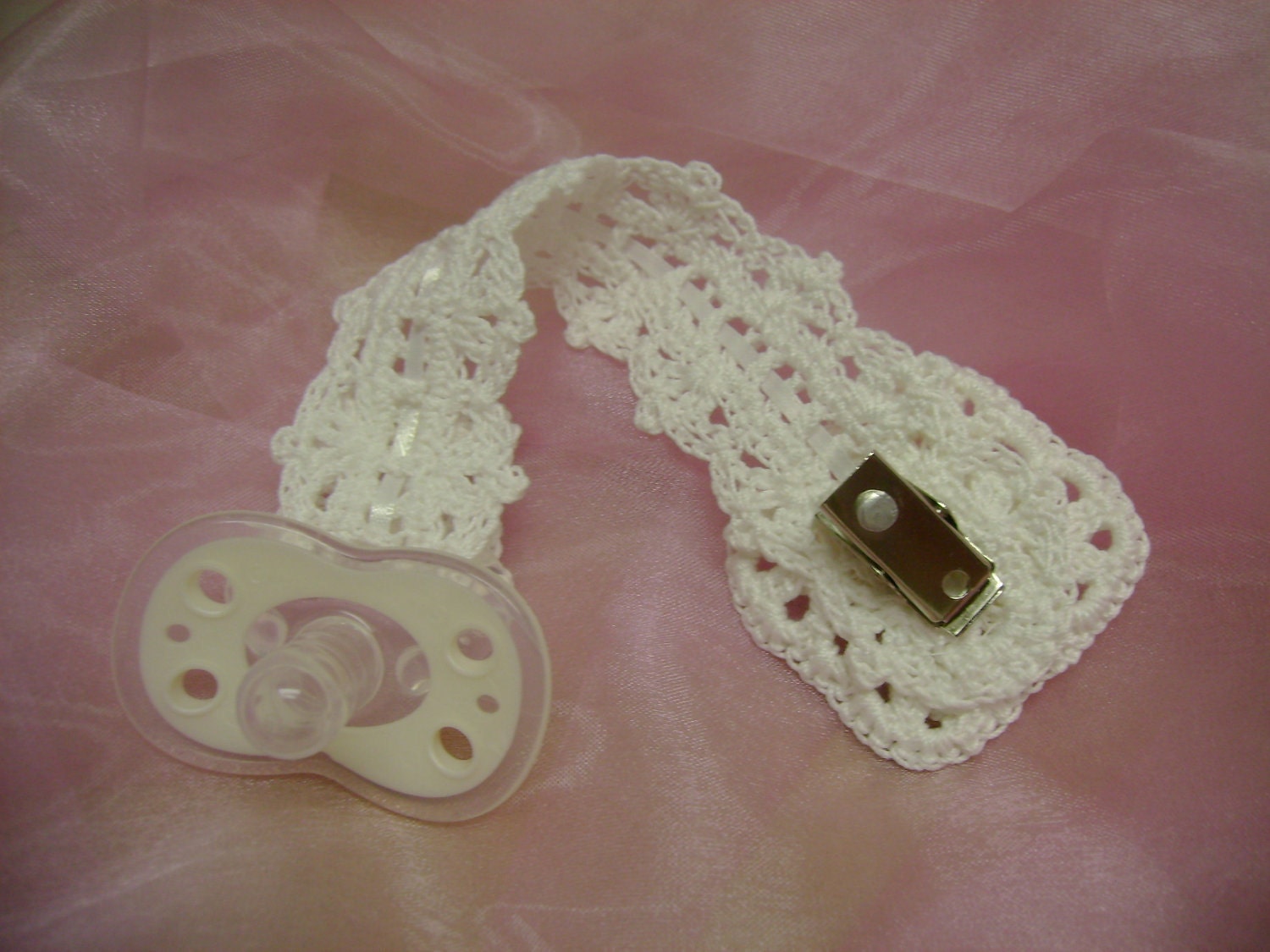 Crocheted Baby Girl Pacifier Paci Clip Pink Ribbon Rose