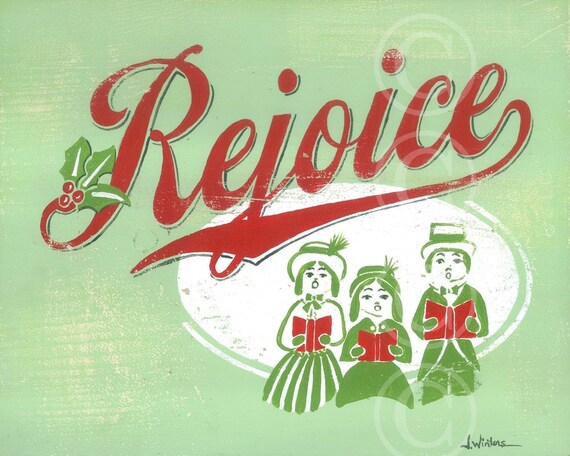 Items similar to REJOICE Christmas Retro Art Print on Etsy