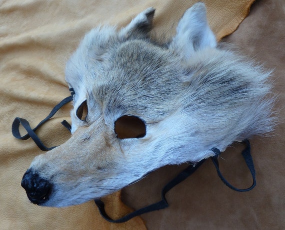 Wolf mask real white wolf fur totem mask headdress costume