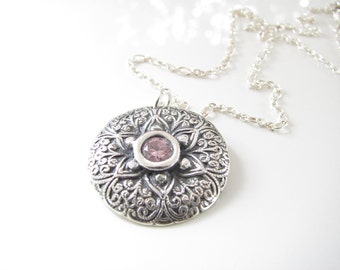 Floral Filigree Necklace - Hand Made from Fine Silver with Sterling and Pink Sapphire CZ