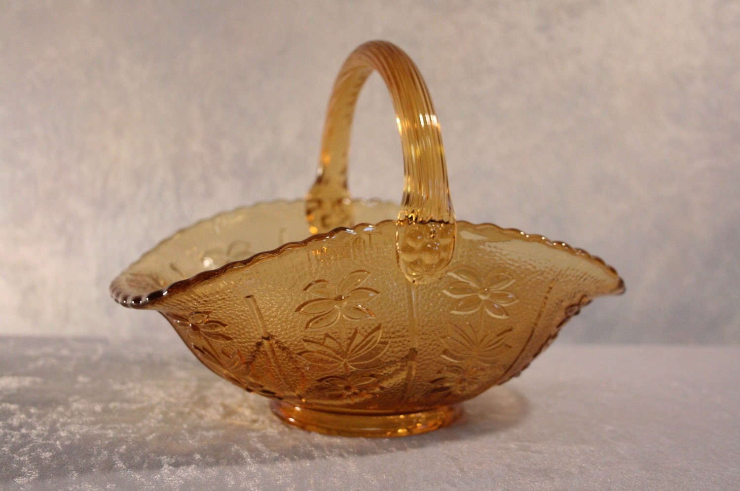 Glass Basket IMPERIAL GLASS Embossed Roses Vintage Amber