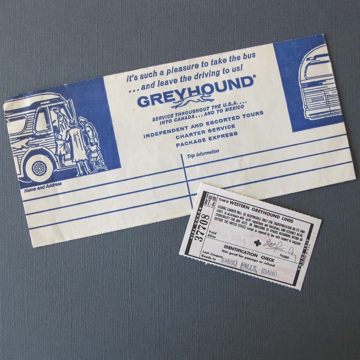 Vintage Greyhound Bus Ticket Stub and Envelope