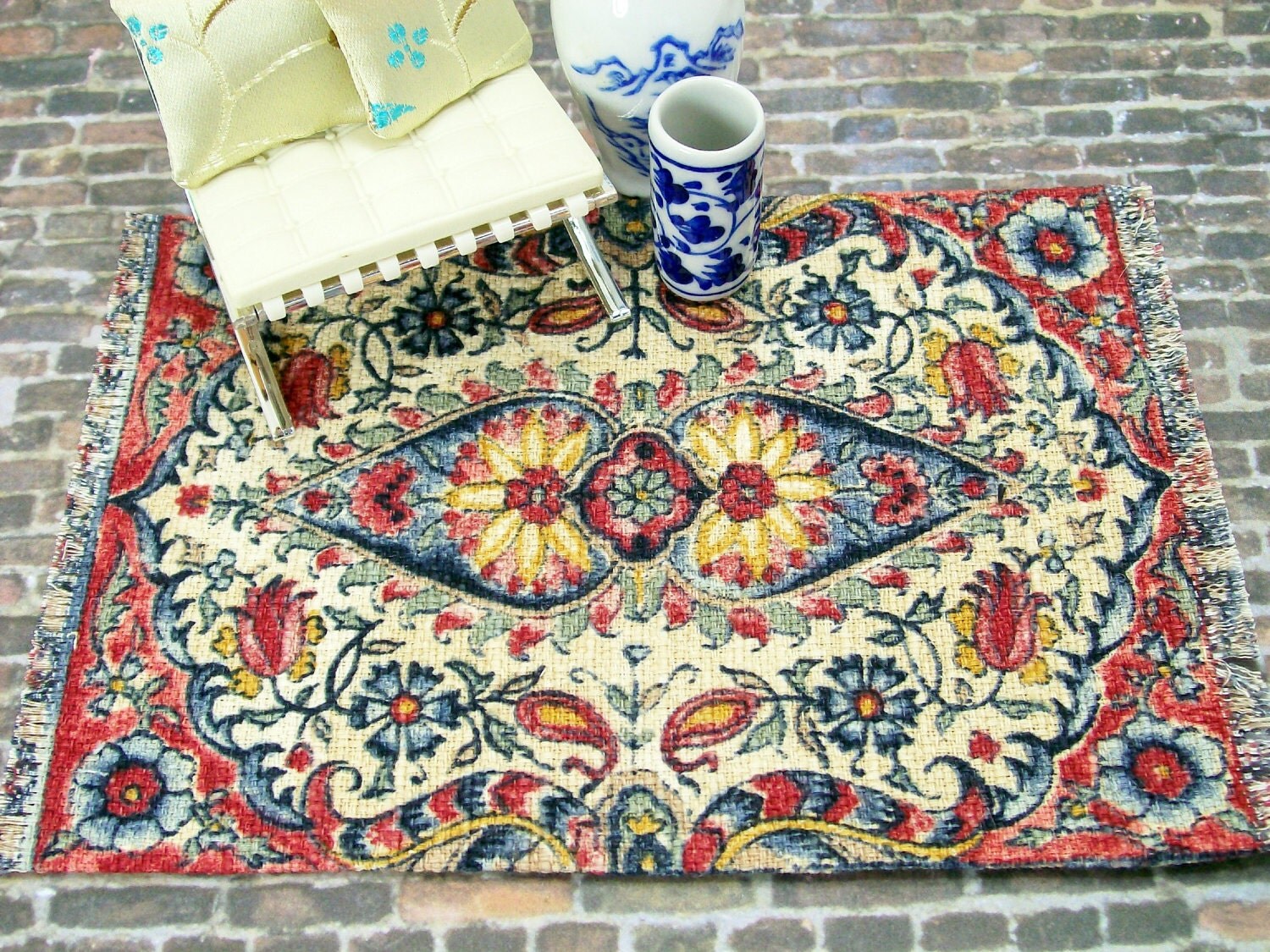 Dollhouse Miniature Rug Carpet Oriental Persian Red Cream Blue