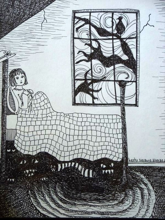 Monsters Under my Bed black and white drawing