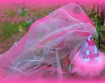 Crown/Number Princess First Birthday Hat, Boutique Quality, Cupcake, Tulle, Streamers, Ribbon, First Birthday Hat, by GINGHAM BUNNY