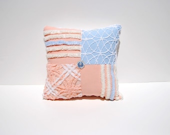 Chenille Pillow - Peach Everly - Peach Blue Vintage Chenille Handmade Charm Pillow