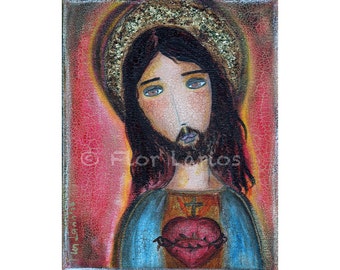 Sacred Heart Jesus - Folk Art Print from Painting (8 x 10 inches Print) by FLOR LARIOS
