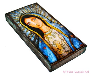 Virgin of Guadalupe - Giclee print mounted on Wood (3 x 6inches) Folk Art by FLOR LARIOS