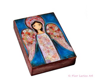 Angel en Rosa - ACEO Giclee print mounted on Wood (2.5 x 3.5 inches) Folk Art by FLOR LARIOS