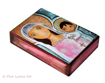Mary with Rosary - Aceo Giclee print mounted on Wood (2.5 x 3.5 inches) Folk Art by FLOR LARIOS