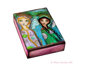 Sisters - ACEO Giclee print mounted on Wood (2.5 x 3.5 inches) Folk Art by FLOR LARIOS