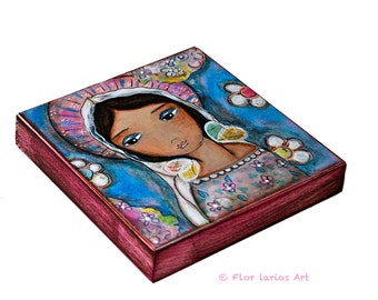 Watching Over You - Giclee print mounted on Wood (4 x 4 inches) Folk Art by FLOR LARIOS
