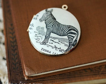 Zebra Locket Necklace, Dictionary Illustration, Vintage Locket - Ready to Ship
