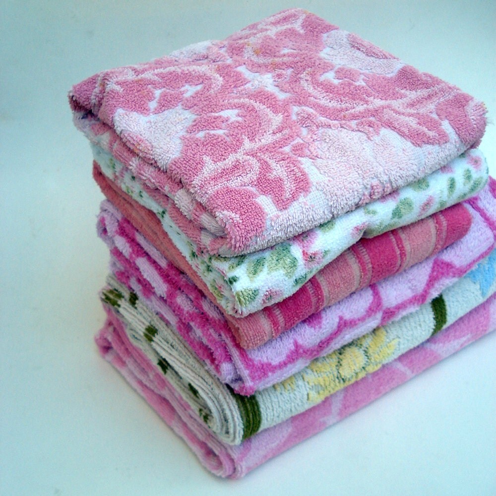 Set of 6 vintage towels in bright pinks and happy greens
