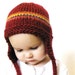 baby earflap hat, hand knit boutique photo prop, 9 to 18 months - cranberry red with stripes, ready to ship