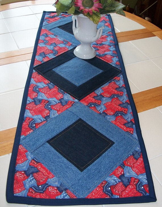Table Runner Bandanas Upcycled Denim Blue by QuiltingFrenzy