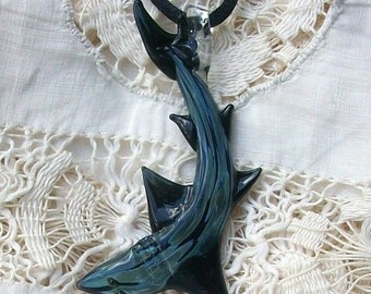 Black and Blue Moon Glass Shark Pendant, Necklace, Focal Bead, Lampwork, Jewelry