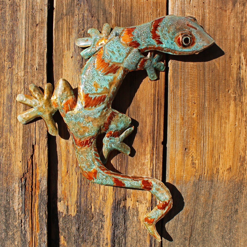 Flora copper Gecko Lizard sculpture by Mark with