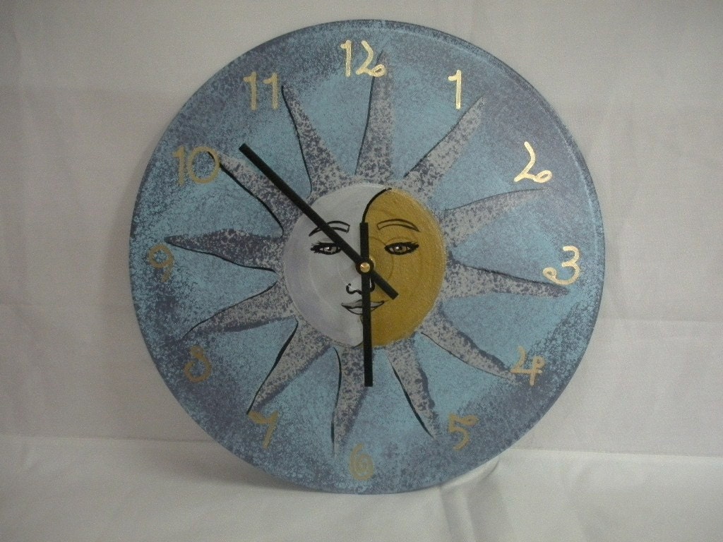 SUN MOON face blue white silver and gold recycled wall clock
