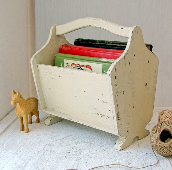 vintage creamy white wood magazine rack